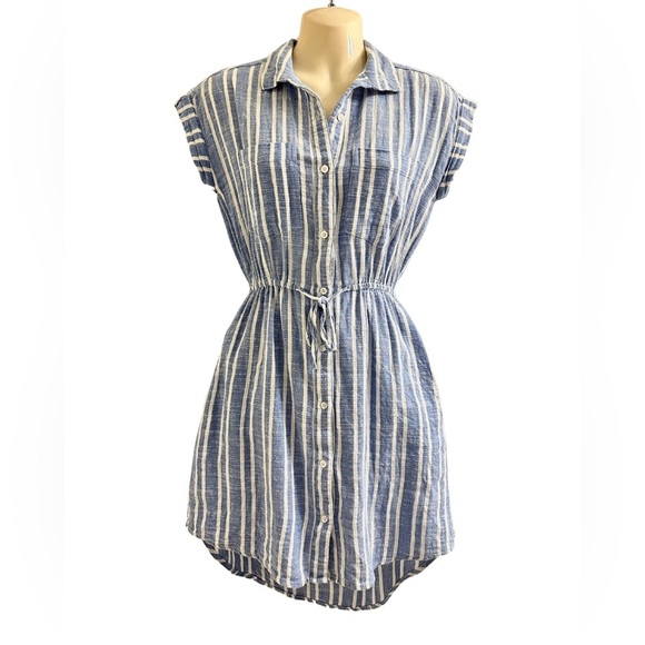 Blue White Striped Dress Lightweight Beachy Tie Waist Size XS Pockets Button - Picture 1 of 12